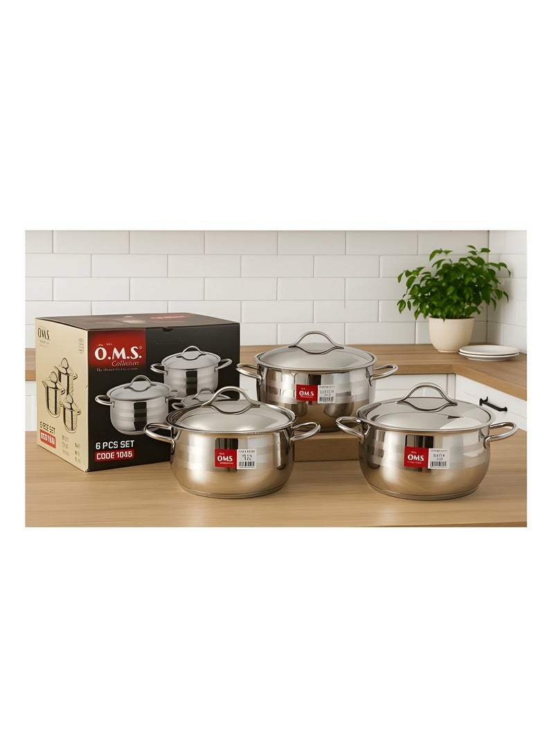 طقم أواني طهي من الفولاذ المقاوم للصدأ مكون من 6 قطع مع أغطية، بأحجام 24 سم، 26 سم، 30 سم، صنع في تركيا